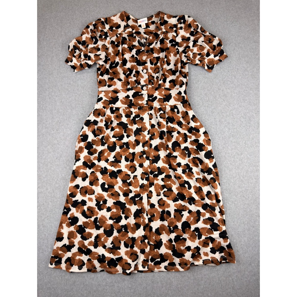 LuLaRoe Leopard Print Button Front Midi Dress XS Brown Black Animal Print Ribbed